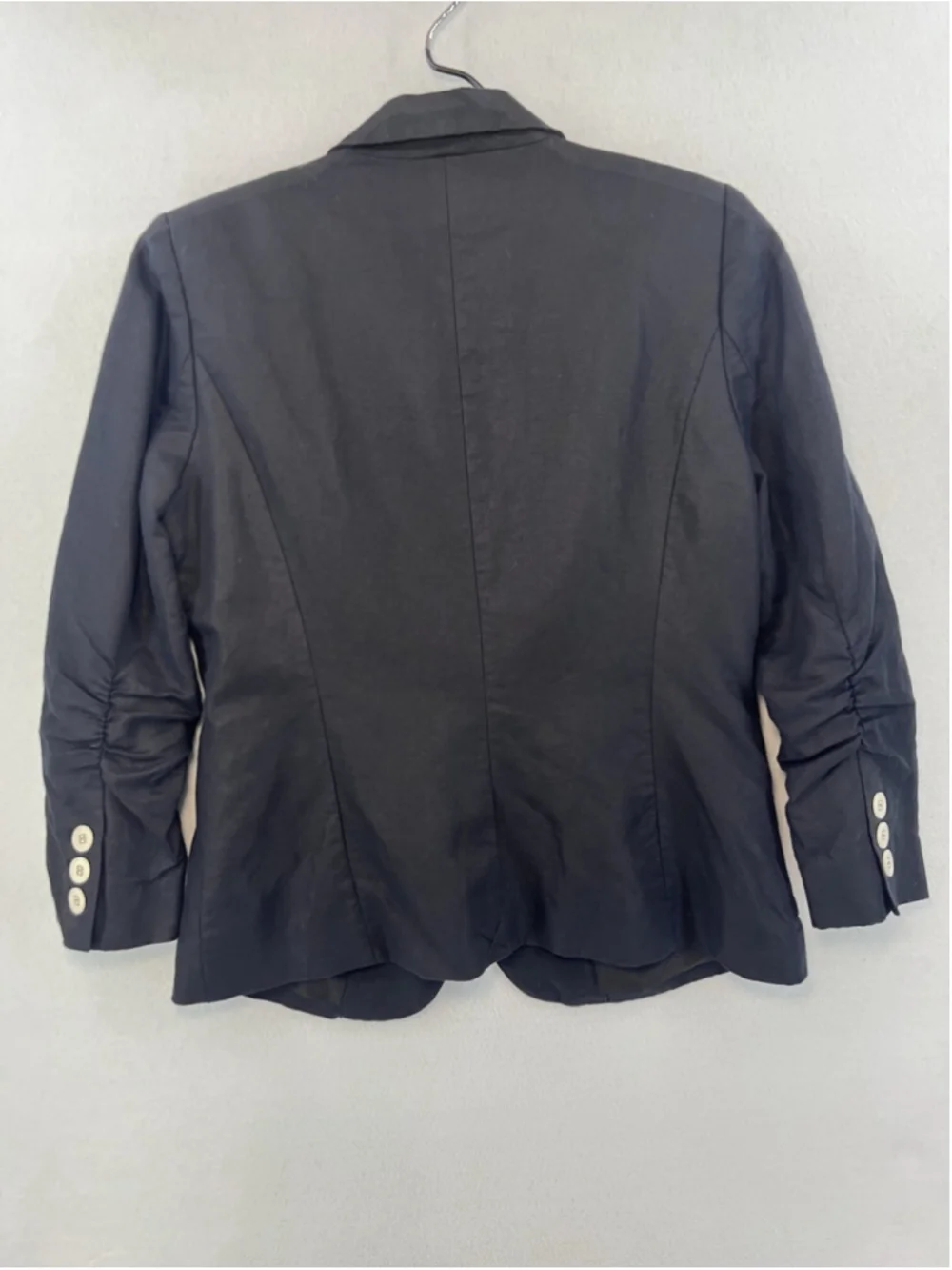 The Limited Blazer Button Front Ruched Sleeve Black Peak Collar Woman Size M